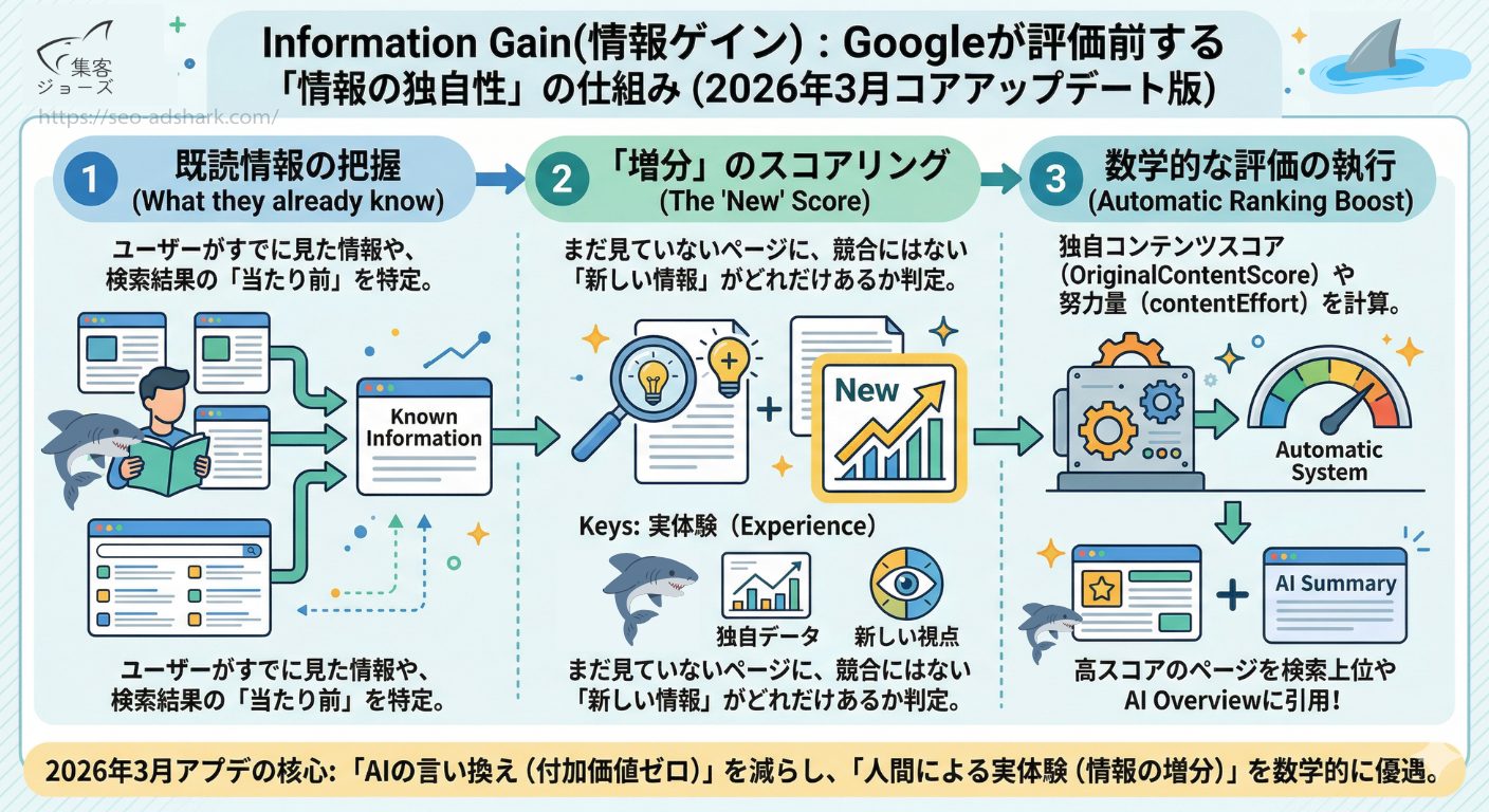 2026年3月コアアップデートでのInformation Gain評価プロセス図。既読情報の把握、増分のスコアリング、数学的な評価の執行（OriginalContentScore/contentEffort）の3ステップを経て、実体験や独自データを持つページを検索上位やAI Overviewへ昇格させる仕組みの解説。